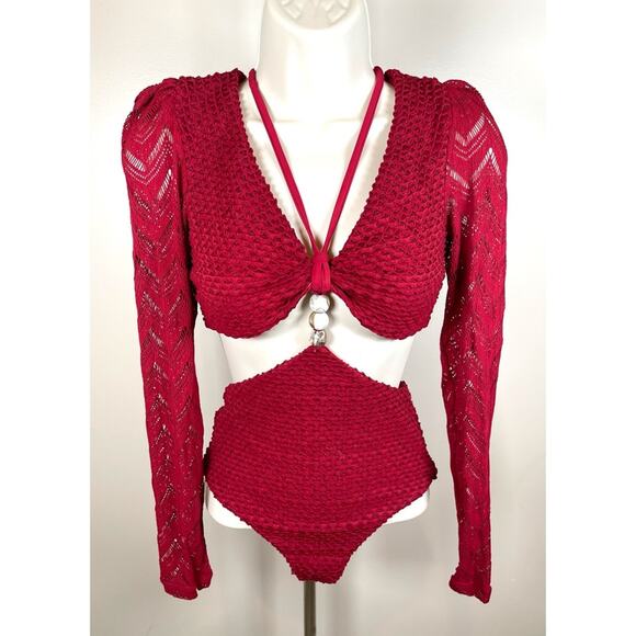 Patbo Bordeaux Textured Lycra Cutout Body Suit Long Sleeve Swim Suit Size XS - Picture 3 of 8